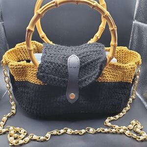 Black and Gold Knit Handbag with Bamboo Handles